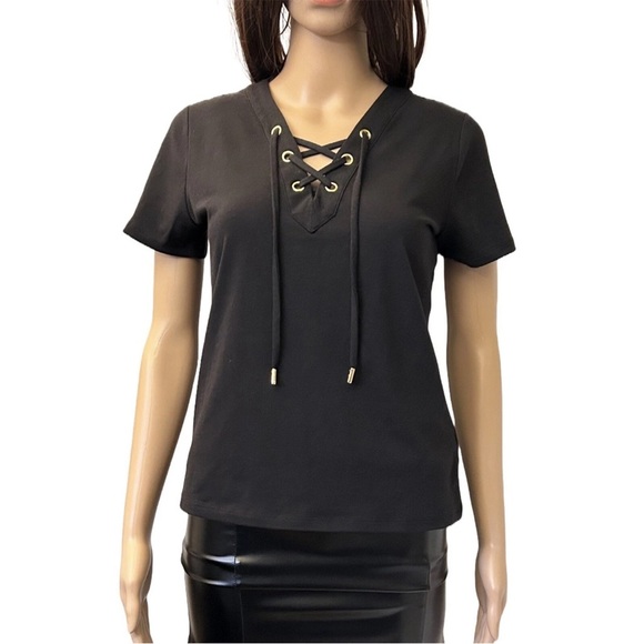 Michael Kors Women's Short Sleeves Black Top V-Neck Tee Size XS - NWT$98 - Picture 1 of 11